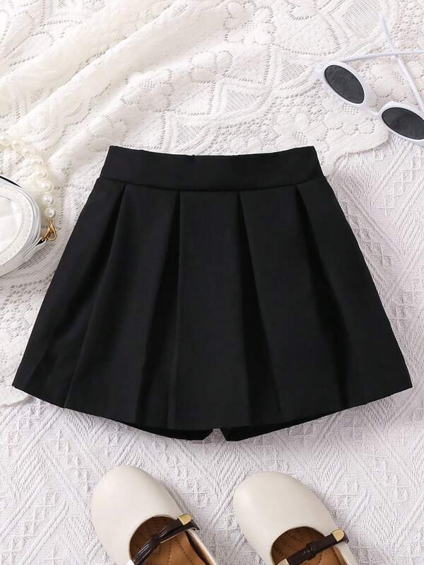 SHEIN Young Girl Solid Color Folded Pleated Casual Shorts