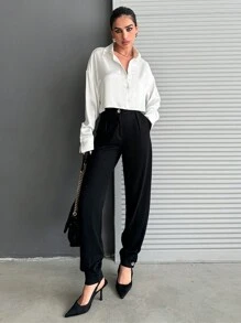 SHEIN Cottnline Button Detail Suit Pants - Black - View 3