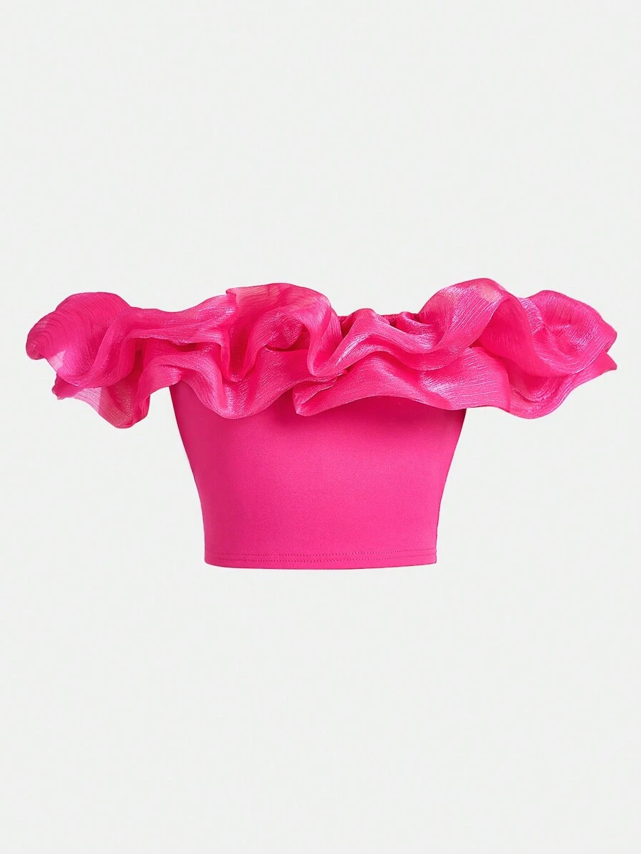 SHEIN Leap Crew Áo thun hở vai thanh lịch màu trơn dành cho bé gái tuổi teen - Màu Hồng Tươi - Xem 1