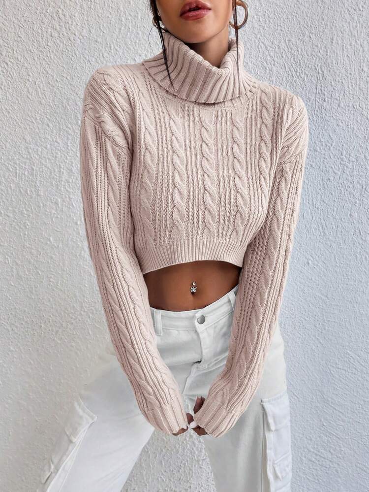 Turtleneck Cable Knit Drop Shoulder Sweater