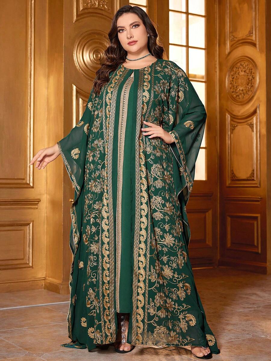 Robe arabe longue à manches chauve-souris modeste avec broderie florale appliquée et colorbloc pour femmes grandes tailles (broderie aléatoire, coupe aléatoire), caftan