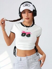 SHEIN EZwear Women's Color-Contrast Letter Printed Side Drawstring T-Shirt - Multicolor - View 5