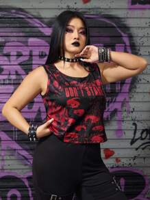ROMWE Grunge Punk Plus Size Women'S Tie Dye Fabric Eye & Letter Print Tank Top - Red - View 6