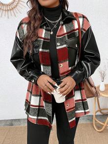 Calvaya Plus Plaid Print Drop Shoulder Jacket - Red - View 5