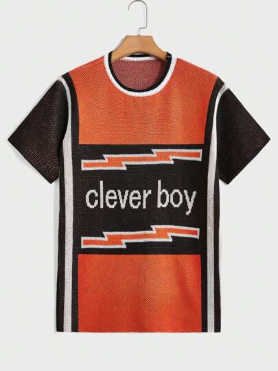 Men'S Slogan Jacquard Short Sleeve Knitwear, Suitable For Daily Wear In Spring And Summer