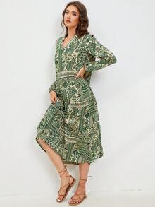 Women V-Neck Allover Print Lantern Sleeve Mid-Length Dress - Green - View 3