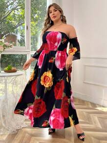 Breezaya 女士加大碼玫瑰花印花捶皺無肩帶連衣裙