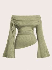 Sweetra Plus Size Drawstring Detail Off Shoulder Asymmetric Hem T-Shirt Fall Cloth For Women