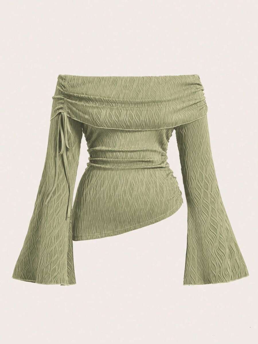 Sweetra Plus Size Drawstring Detail Off Shoulder Asymmetric Hem T-Shirt Fall Cloth For Women