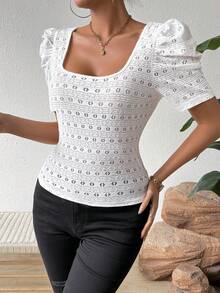 SHEIN Frenchy 女士修身款空心刺繡方領t恤 - 白色 - 查看 3