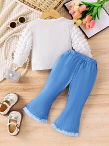 Baby Girls' Heart Pattern T-Shirt And Flare Jeans Printed Pants Set - White - View 2