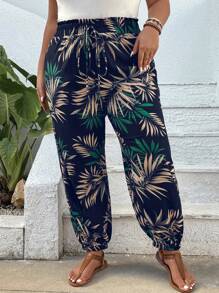 SHEIN VCAY Pantalón jogger con estampado tropical y puños elásticos en tallas grandes