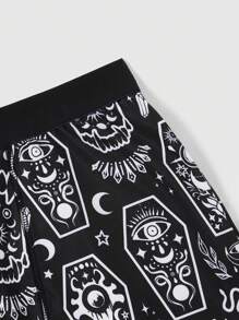 ROMWE Goth 大码印花背心和短裤家居服套装，学校 - 黑色 - 查看 3