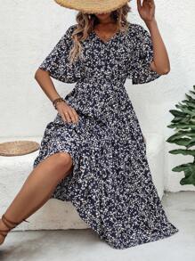 SHEIN LUNE 女士花卉印花荷葉邊袖子裙 - 藏蓝色 - 查看 1