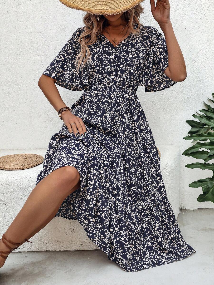 SHEIN LUNE 女士花卉印花荷葉邊袖子裙 - 藏蓝色 - 查看 1