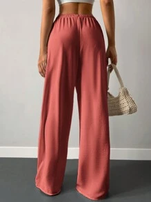 Cottnline Pantalones de pierna ancha unicolor de cintura con nudo - Rosa - Ver 2
