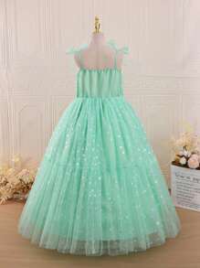 SHEIN Glamorique Kids Vestido verde menta sin hombros con tirantes tipo espagueti de mariposa para niñas preadolescentes, adecuado para fiesta de cumpleaños, vestido de noche, boda - Verde - Ver 2