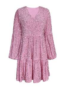 Chiquease Glitzerndes Damen Kleid Mit V-ausschnitt Und Laternenärmeln - Pink - Übersicht 3