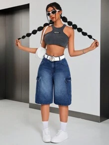 SHEIN ICON Women'S Washed Denim Shorts With Flap Pockets, Loose Fit