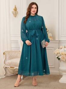 Modelyn Đầm dạ hội dài tay cổ đứng cỡ lớn - màu xanh lá - Xem 3