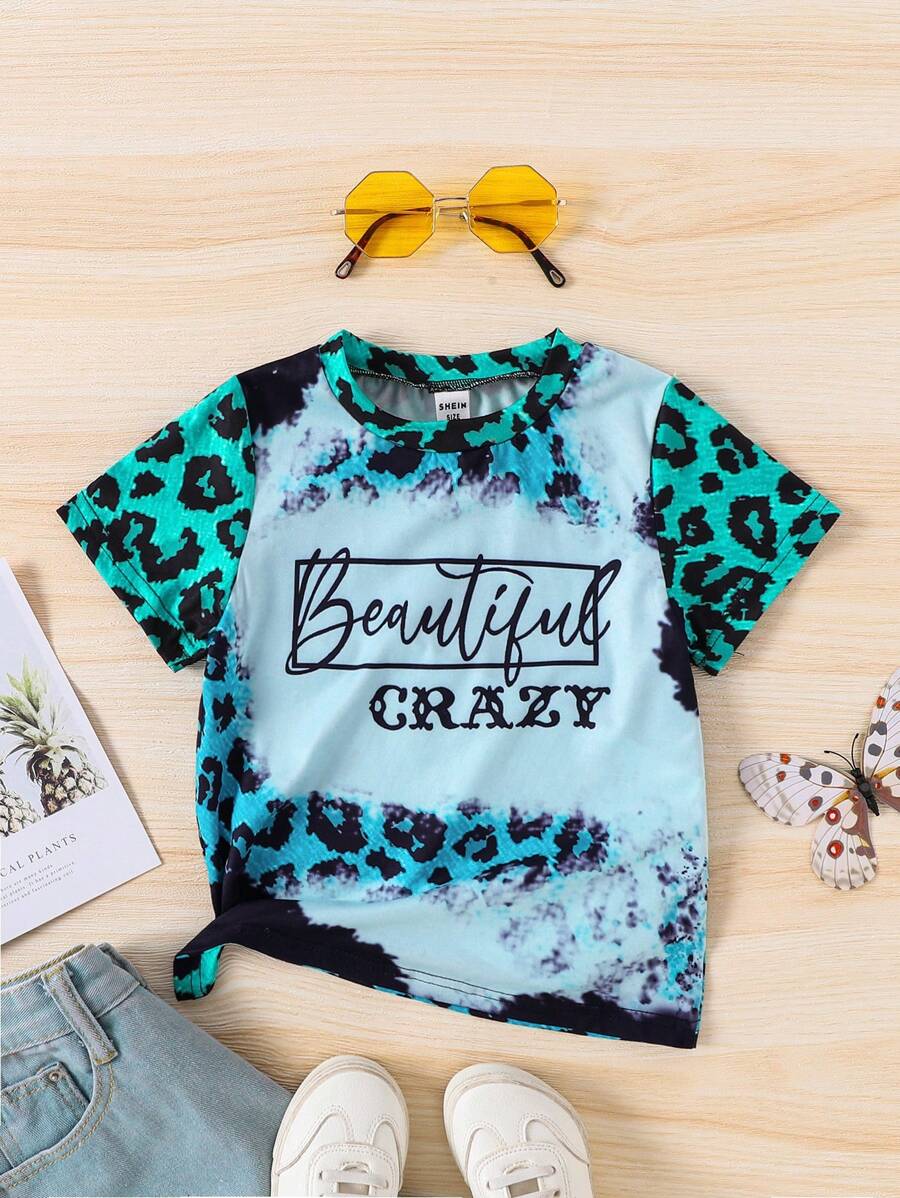 SHEIN Young Girl Lovely Casual Lady-Like Style Sporty Tie Dye English Printed Short Sleeve Tee For Summer - Multicolor - View 1