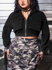 ROMWE PUNK 女裝加大尺寸拉鍊開衫汗衫,帶翻蓋口袋 - 黑色 - 查看 5