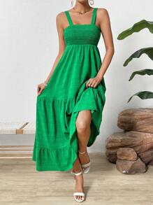 SHEIN VCAY Của phụ nữ Nếp uốn Xù Hoa Sen Váy Dây - màu xanh lá - Xem 5