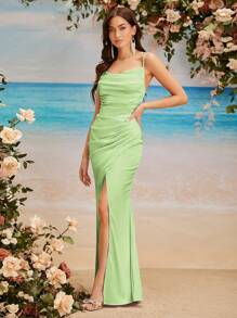 SHEIN Belle Bridesmaid Dresses Backless Diikat Membungkus Plain - Mint Green - View 3