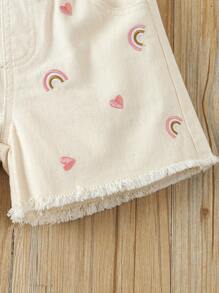 SHEIN Vintaside Kids Young Girl Heart & Rainbow Embroidery Denim Shorts,Holiday,Summer,Travel - Apricot - View 4