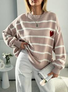 EURMUSE Maglione A Righe Con Stampa A Cuore, Spalle Basse E Taglie Grandi - Rosa antico - Visualizzare 1