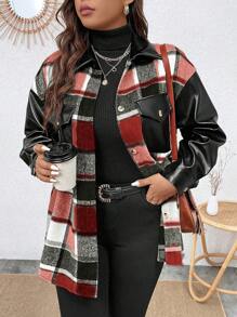 Calvaya Plus Plaid Print Drop Shoulder Jacket - Red - View 1