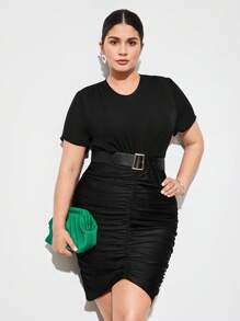 BizChic Dress Ukuran Plus Berikat Ruched Plain Anggun - Hitam - View 6
