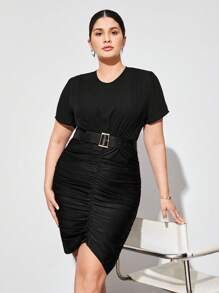 BizChic Dress Ukuran Plus Berikat Ruched Plain Anggun - Hitam - View 7