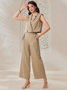 Mulvari 女性填充肩襯西裝背心和寬腳褲套裝 - 咖啡棕 - 查看 4