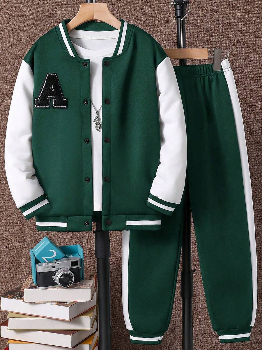 SHEIN 2入組/套青少年男孩對比色運動棒球夾克和褲裝套裝 - 軍綠色 - 查看 1