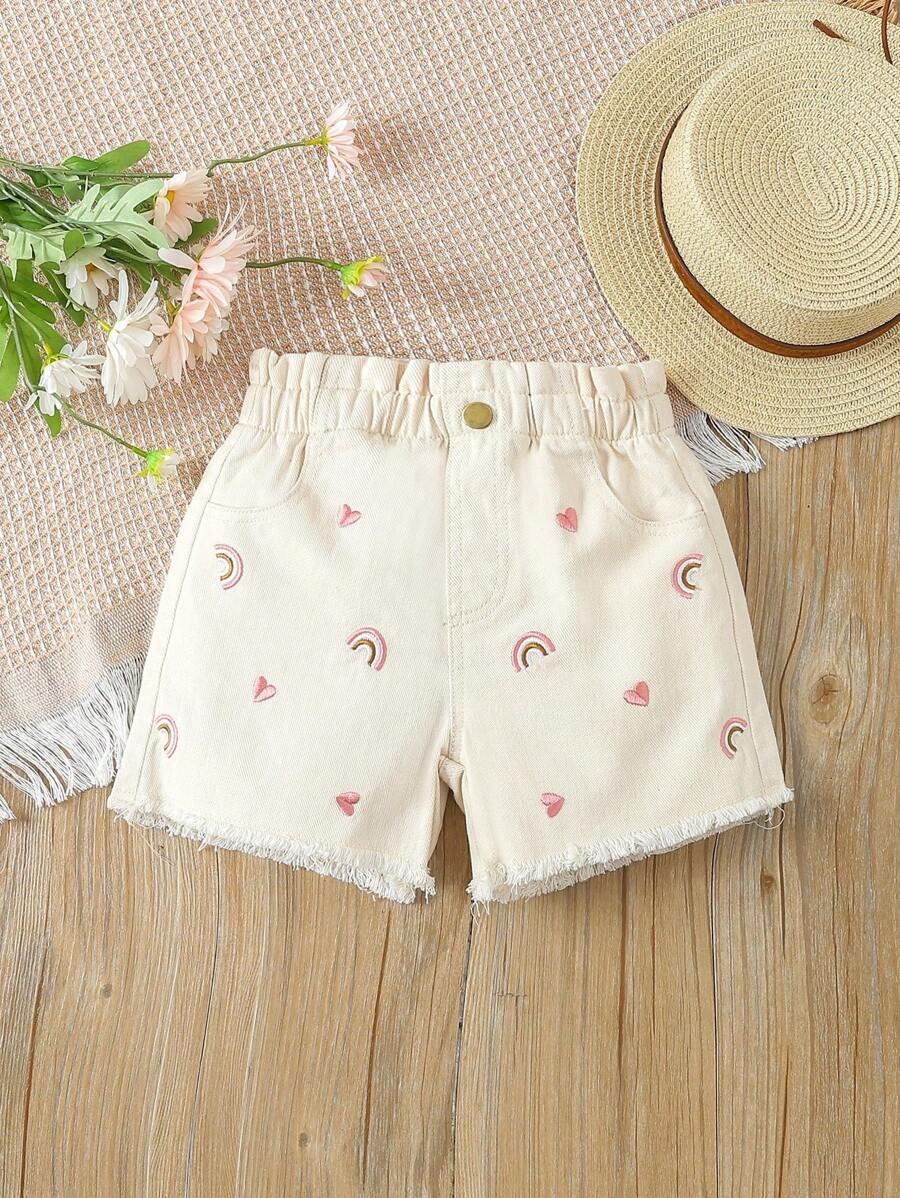 SHEIN Vintaside Kids Young Girl Heart & Rainbow Embroidery Denim Shorts,Holiday,Summer,Travel - Apricot - View 1