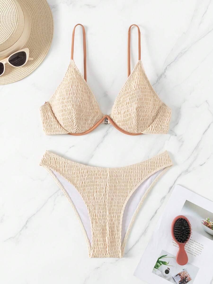 SHEIN Swim Women's Shirred Bikini Set Summer Beach - Khaki - View 1