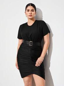 BizChic Dress Ukuran Plus Berikat Ruched Plain Anggun - Hitam - View 3