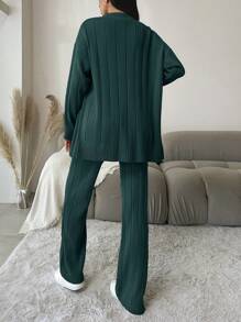 EURMUSE Women'S Solid Color Button-Up Cardigan With Wide Leg Sweater Pants Two-Piece Set - Army Green - View 2