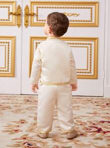 SHEIN Em bé Con trai Vàng Gọng Cạnh Cắt tỉa Áo len Mở Và Quần Bộ - Màu be - Xem 2