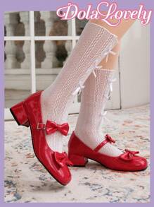 Dola Lovely Red Bow & Heart Shaped Mary Jane Shoes For Women, Lolita Style, Chunky Heel, Fashionable Lady High-Heeled Pump