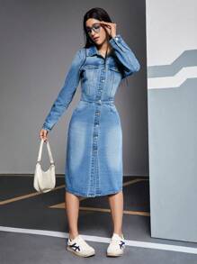 SHEIN EZwear 女裝牛仔襯衫領中長款洋裝 - 中等水洗藍 - 查看 1
