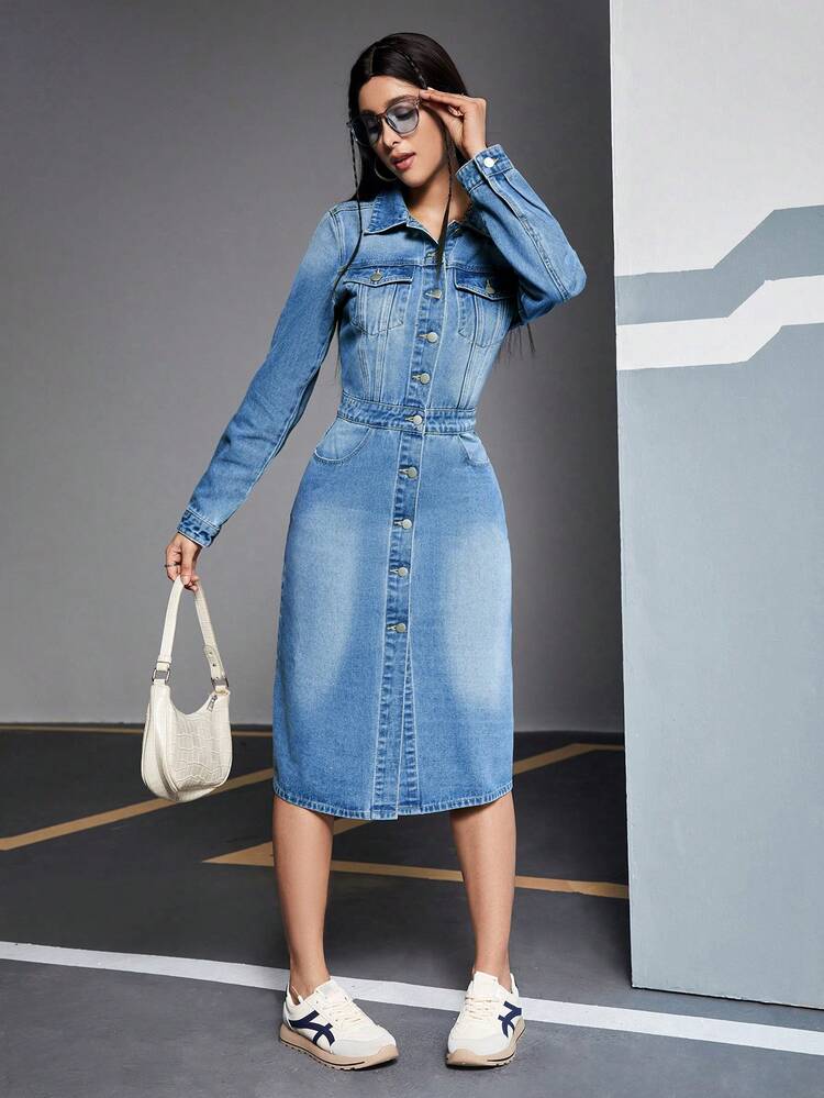 Women'S Denim Shirt Collar Midi Dress