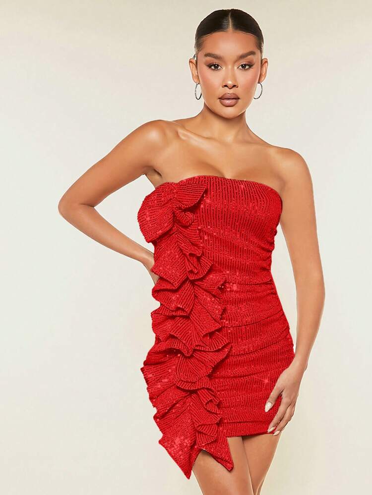Women's Strapless Dress With Sequined Trim And Frill Hem
