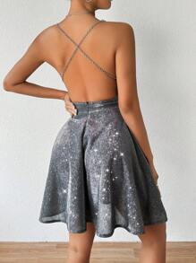 Allurite Brillante Vestido Halter Con Cadena Sin Espalda - Negro - Ver 7