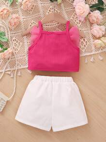 SHEIN Conjunto Rosado De Camiseta Estampada De Flores Y Pantalones Cortos Blancos Para Verano De Una Chica Joven - Rosa - Ver 2