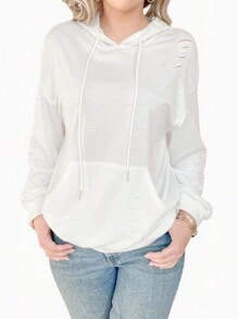 SHEIN LUNE Áo nỉ rách rưới cỡ lớn có túi kangaroo - trắng - Xem 5