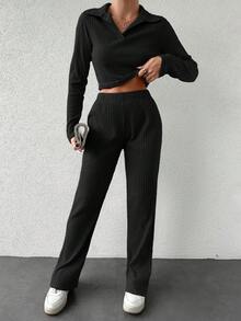 SHEIN Cottnline Women's V-Neck Long Sleeve Top And Pants Set - Black - View 3