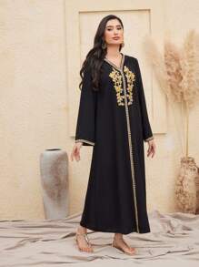 Al Najma 女士拼布编织腰带长袖土耳其束腰外衣，朴素的卡夫坦 - 黑色 - 查看 6