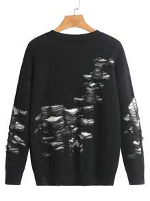 Flirla 大码做旧细节长袖套头毛衣针织衫秋冬款 - 黑與白 - 查看 2